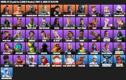 [PC/PSN/XBOX] | 51 skins | 1700 V-bucks | Kado Thorne | Menace | Mandalorian | Spectra Knight | Era | Optimus Prime | Predator | Reese | Lexa | Full Access