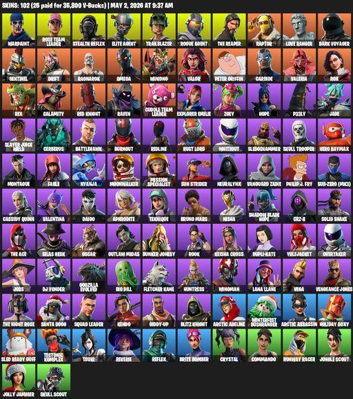 [PC/XBOX] | 102 skins | Take The L | OG STW | The Reaper | Elite Agent | Omega | Warpaint | Rose Team Leader | Stealth Reflex | Trailblazer | Full Access
