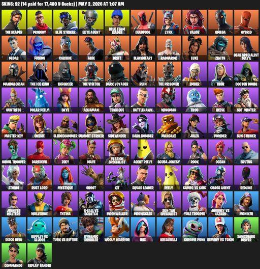 [PC/PSN/XBOX] | 92 skins | Take The L | The Reaper | Elite Agent | Omega | Prodigy | Blue Striker | Blue Team Leader | Deadpool | Lynx | Valor | Full Access