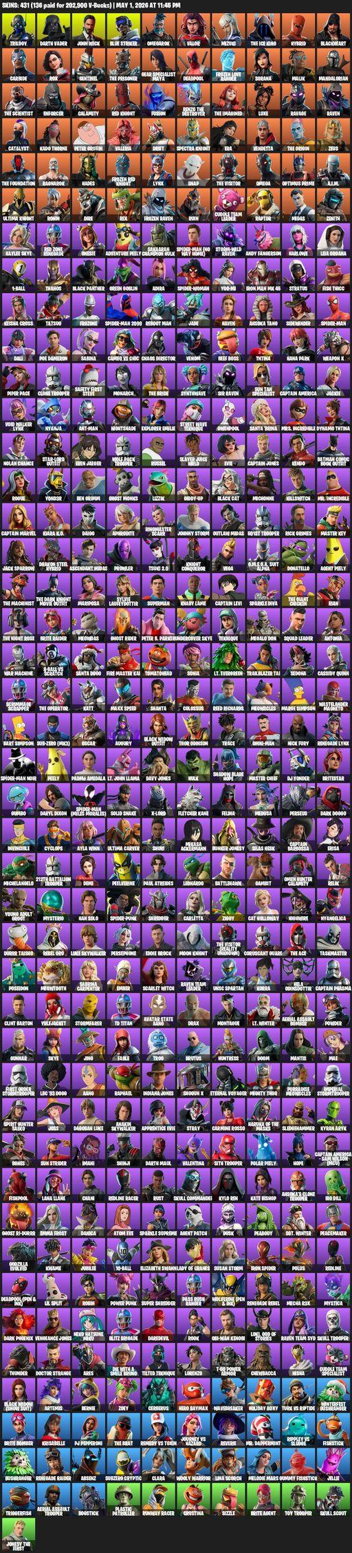 [PC] | 431 skins | Renegade Raider | Aerial Assault Trooper | Omega | Trilogy | Darth Vader | John Wick | Blue Striker | Omegarok | Valor | Mizuki | Full Access