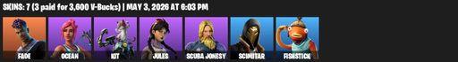 [PC/PSN/XBOX] | 7 skins | Fade | Ocean | Kit | Jules | Scuba Jonesy | Scimitar | Fishstick | Eon Blades | Power Claws | Shooting Starstaff | Full Access
