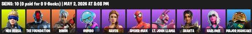 [PC/XBOX] | 10 skins | Neo Versa | The Foundation | Ronin | Gumbo | Haven | Spider-Man | Lt. John Llama | Shanta | Harlowe | Major Mancake | Full Access