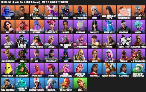 [PC/PSN/XBOX] | 56 skins | 1450 V-bucks | Fusion | Joey | Sentinel | The Cube Queen | Raven | The Foundation | Torin | Gear Specialist Maya | Full Access