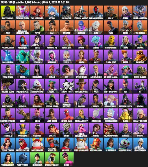 [PC/PSN/XBOX] | 105 skins | 600 V-bucks | Lara Croft | Darth Vader | The Cube Queen | The Imagined | Nezumi | Predator | Eternal Knight | Full Access
