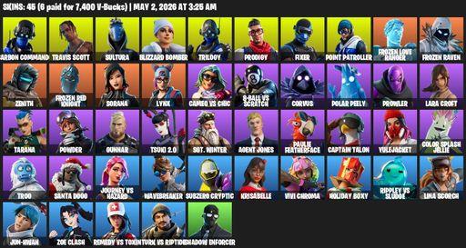 [PC/XBOX] | 45 skins | Travis Scott | Lara Croft | Carbon Commando | Sultura | Blizzard Bomber | Trilogy | Prodigy | Fixer | Point Patroller | Full Access