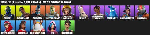 [PC/PSN/XBOX] | 15 skins | 500 V-bucks | Take The L | Travis Scott | Trilogy | Omegarok | Spectra Knight | Mission Specialist | Lil Split | Full Access