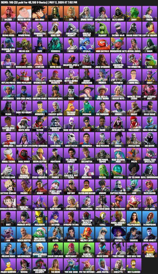 [PC/PSN] | 169 skins | Valeria | Peter Griffin | Son Goku | Hades | Zeus | Emma Frost | Apprentice Evie | Blitz Knight | Ziggy | Yoo-mi | Bruno Mars | Full Access