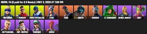 [PC/XBOX] | 14 skins | Neo Versa | Prodigy | Point Patroller | Lynx | Fade | Zenith | Carbide | Lt. Evergreen | Scuba Jonesy | Zoey | Battlehawk | Full Access