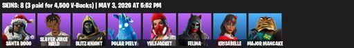 [PC/PSN/XBOX] | 8 skins | Santa Dogg | Slayer Juice WRLD | Blitz Knight | Polar Peely | Yulejacket | Felina | Krisabelle | Major Mancake | Full Access
