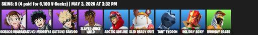 [PC/PSN] | 9 skins | 1300 V-bucks | Ochaco Uraraka | Izuku Midoriya | Katsuki Bakugo | Slayer Juice WRLD | Arctic Adeline | Sled Ready Guff | Full Access
