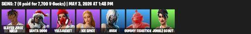 [PC/PSN] | 7 skins | Slayer Juice WRLD | Santa Dogg | Yulejacket | Ice Spice | Hush | Gummy Fishstick | Jungle Scout | The Fangler | Dogg Treat | Full Access