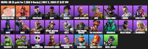 [PC/PSN/XBOX] | 28 skins | 1000 V-bucks | Peter Griffin | Valeria | Montague | Rust | Korra | Lewis Hamilton | Jing | Silas Hesk | Nisha | Lana Llane | Full Access