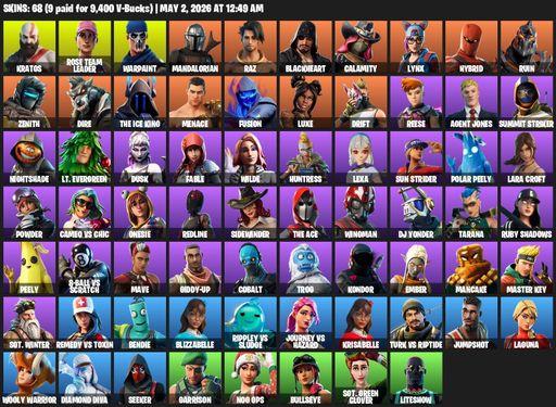 [PC/PSN/XBOX] | 68 skins | 950 V-bucks | Leviathan Axe | OG STW | Lara Croft | Kratos | Rose Team Leader | Warpaint | Mandalorian | Raz | Blackheart | Full Access