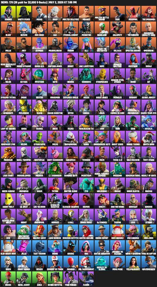 [PC] | 176 skins | Lara Croft | Reaper Axe | Xander | Darth Vader | Midas | Snap | Molten Valkyrie | Menace | Molten Battle Hound | Fade | Deadpool | Full Access