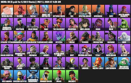 [PC/PSN/XBOX] | 56 skins | Peter Griffin | Valeria | Mizuki | Renzo the Destroyer | Optimus Prime | Era | Spectra Knight | Omegarok | Hope | Full Access