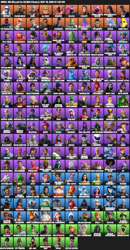 [PC/XBOX] | 186 skins | 600 V-bucks | Leviathan Axe | Renegade Raider | Reaper Axe | Frostbite | Mandalorian | Ronin | All Might | Deadpool | Galaxia | Full Access
