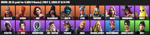 [PC/PSN/XBOX] | 20 skins | Vendetta | Hybrid | Rox | Blackheart | Zenith | Lynx | Sentinel | Wilde | Sidewinder | Peely | Stratus | Demi | Snowstrike | Full Access