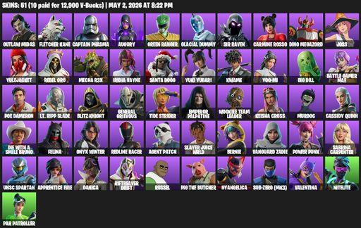 [PC/PSN/XBOX] | 51 skins | Outlaw Midas | Fletcher Kane | Captain Phasma | Augury | Green Ranger | Glacial Dummy | Sir Raven | Carmine Rosso | Full Access