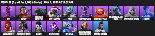 [PC/PSN/XBOX] | 17 skins | Iso | Kendo | Godzilla Evolved | Santa Dogg | Jade | Knightmare | Hero Baymax | Shadow Blade Hope | Vanguard Zadie | Titan | Full Access