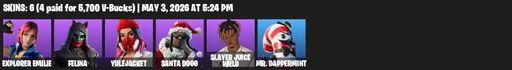 [PC/XBOX] | 6 skins | Explorer Emilie | Felina | Yulejacket | Santa Dogg | Slayer Juice WRLD | Mr. Dappermint | Dogg Treat | Outlaw's Whipknives | Full Access