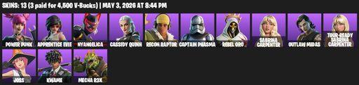 [PC/XBOX] | 13 skins | Power Punk | Apprentice Evie | Nyangelica | Cassidy Quinn | Recon Raptor | Captain Phasma | Rebel Oro | Sabrina Carpenter | Full Access