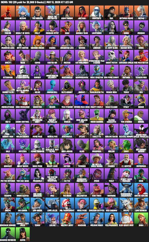 [PC/XBOX] | 152 skins | Inferno | Nezumi | The Ageless | Renzo the Destroyer | Kado Thorne | Joltara | Frostbite | Era | Optimus Prime | Mizuki | Full Access