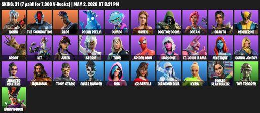[PC/PSN] | 31 skins | Ronin | The Foundation | Fade | Polar Peely | Gumbo | Haven | Doctor Doom | Ocean | Shanta | Wolverine | Groot | Kit | Jules | Full Access