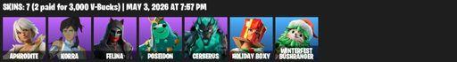 [PC/PSN/XBOX] | 7 skins | 850 V-bucks | Aphrodite | Korra | Felina | Poseidon | Cerberus | Holiday Boxy | Winterfest Bushranger | Full Access