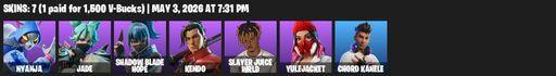 [PC/PSN/XBOX] | 7 skins | Nyanja | Jade | Shadow Blade Hope | Kendo | Slayer Juice WRLD | Yulejacket | Chord Kahele | Mercurial | Night Kama | Full Access