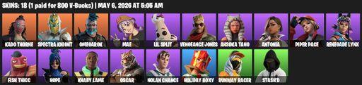 [PC/PSN/XBOX] | 18 skins | 550 V-bucks | Kado Thorne | Spectra Knight | Omegarok | Mae | Lil Split | Vengeance Jones | Ahsoka Tano | Antonia | Full Access