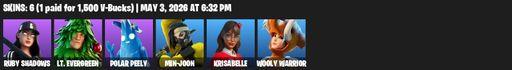[PC/PSN] | 6 skins | Ruby Shadows | Lt. Evergreen | Polar Peely | Min-joon | Krisabelle | Wooly Warrior | Ol' Woody | Shadow Slicer | Full Access