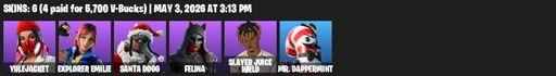 [PC/PSN] | 6 skins | Yulejacket | Explorer Emilie | Santa Dogg | Felina | Slayer Juice WRLD | Mr. Dappermint | Night Kama | The Rebel | Full Access