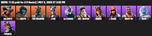 [PC/PSN/XBOX] | 11 skins | 1400 V-bucks | Calamity | Zenith | The Prisoner | Lynx | DJ Yonder | Sgt. Winter | Onesie | Fable | Giddy-up | Trog | Full Access