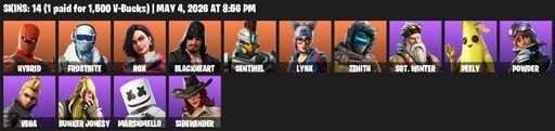 [PC/PSN/XBOX] | 14 skins | Hybrid | Frostbite | Rox | Blackheart | Sentinel | Lynx | Zenith | Sgt. Winter | Peely | Powder | Vega | Bunker Jonesy | Full Access