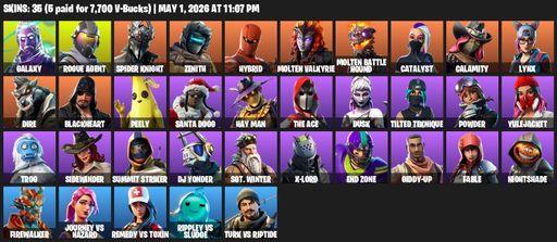 [PC/PSN/XBOX] | 35 skins | Galaxy | Rogue Agent | Spider Knight | Zenith | Hybrid | Molten Valkyrie | Molten Battle Hound | Catalyst | Calamity | Lynx | Full Access