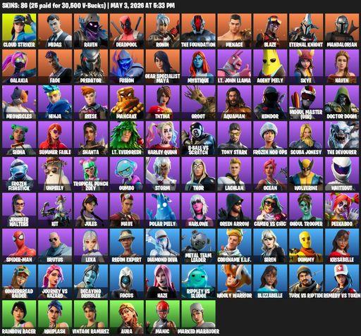 [PC/PSN/XBOX] | 86 skins | Leviathan Axe | Cloud Striker | Midas | Raven | Deadpool | Ronin | The Foundation | Menace | Blaze | Eternal Knight | Full Access