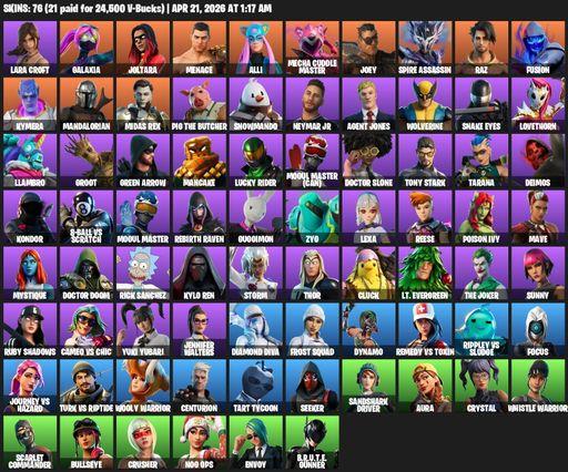 [PC/PSN/XBOX] | 76 skins | 550 V-bucks | Merry Mint Axe | Leviathan Axe | Lara Croft | Galaxia | Joltara | Menace | Alli | Mecha Cuddle Master | Joey | Full Access