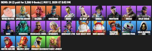 [PC/PSN] | 24 skins | 550 V-bucks | Peter Griffin | Spectra Knight | Valeria | Omegarok | Nisha | Lil Split | Korra | Montague | Oscar | Solid Snake | Full Access