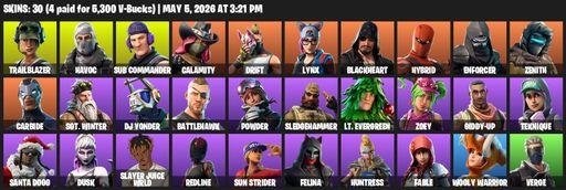 [PC] | 30 skins | 1600 V-bucks | Trailblazer | Havoc | Sub Commander | Calamity | Drift | Lynx | Blackheart | Hybrid | Enforcer | Zenith | Carbide | Full Access