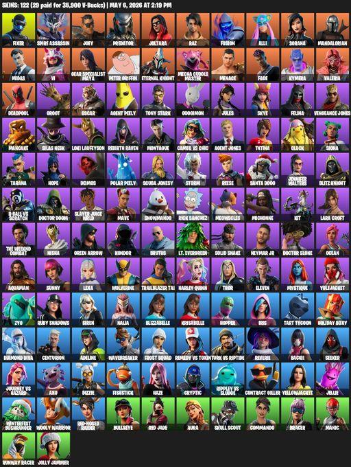 [PC/PSN/XBOX] | 122 skins | Leviathan Axe | Lara Croft | Fixer | Spire Assassin | Joey | Predator | Joltara | Raz | Fusion | Alli | Sorana | Full Access