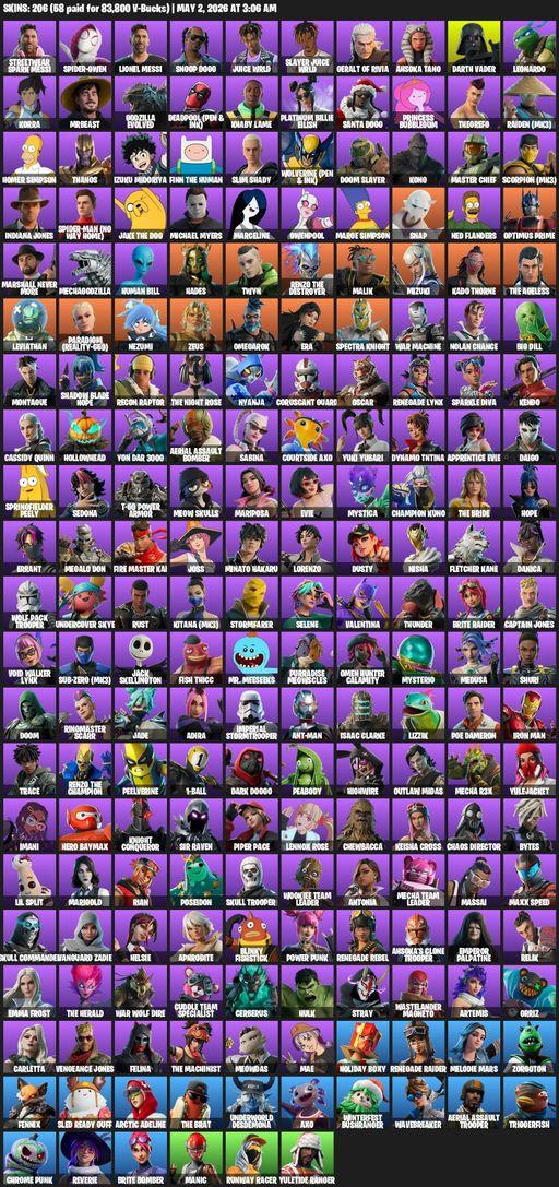 [PC/PSN/XBOX] | 206 skins | 800 V-bucks | Renegade Raider | Aerial Assault Trooper | Streetwear Spark Messi | Spider-Gwen | Lionel Messi | Snoop Dogg | Full Access