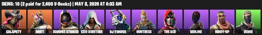 [PC/PSN/XBOX] | 10 skins | Calamity | Drift | Summit Striker | Ezio Auditore | DJ Yonder | Huntress | The Ace | Redline | Giddy-up | Verge | Reckoning | Full Access