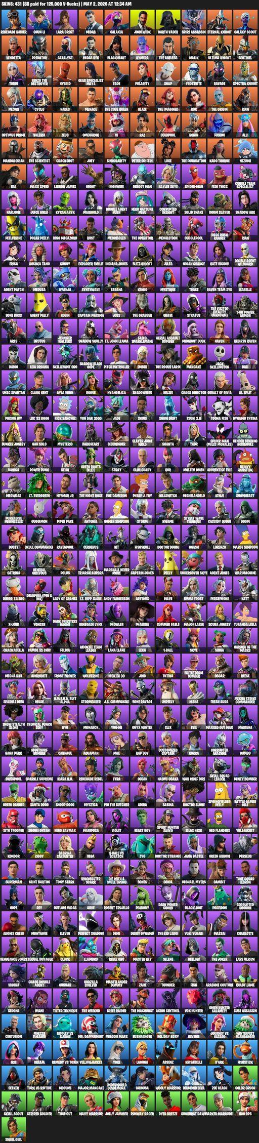 [PC/PSN/XBOX] | 431 skins | Renegade Raider | Lara Croft | Chun-Li | Midas | Galaxia | John Wick | Darth Vader | Spire Assassin | Eternal Knight | Full Access