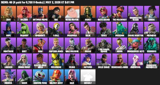 [PC/PSN/XBOX] | 46 skins | Zeus | Valeria | Optimus Prime | Era | Peter Griffin | Hades | Brite Raider | The Machinist | Ringmaster Scarr | Korra | Full Access