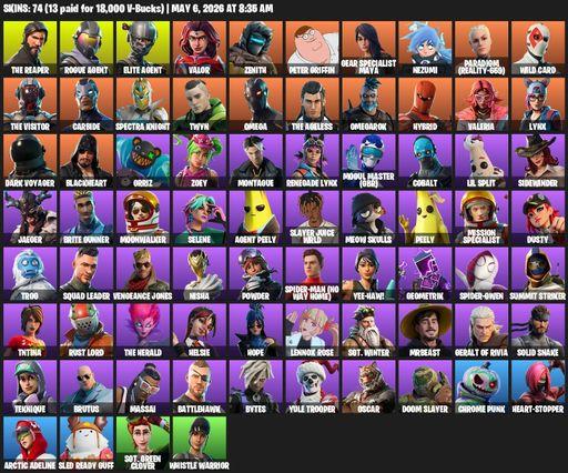 [PC/PSN] | 74 skins | Take The L | The Reaper | Elite Agent | Omega | Mako | Rogue Agent | Valor | Zenith | Peter Griffin | Gear Specialist Maya | Full Access