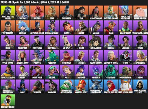 [PC/PSN/XBOX] | 61 skins | 2750 V-bucks | Huntmaster Saber | Mizuki | Valeria | Zeus | Omegarok | Era | Kado Thorne | Spectra Knight | Full Access