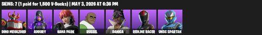 [PC/PSN/XBOX] | 7 skins | Dino Megazord | Augury | Hana Park | Russel | Danica | Redline Racer | UNSC Spartan | Seer Scythe | Heartbreaker Lightstick | Full Access