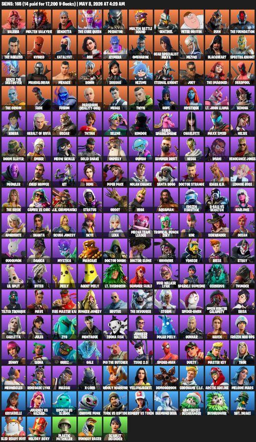 [PC/PSN/XBOX] | 165 skins | Valeria | Molten Valkyrie | Vendetta | The Cube Queen | Predator | Molten Battle Hound | Sentinel | Peter Griffin | Ruin | Full Access