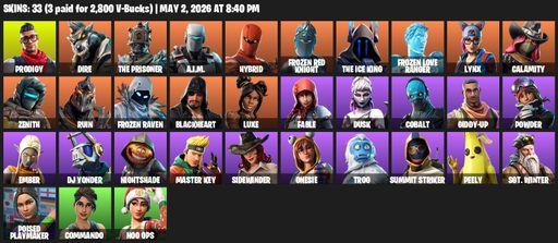 [PC/XBOX] | 33 skins | Prodigy | Dire | The Prisoner | A.I.M. | Hybrid | Frozen Red Knight | The Ice King | Frozen Love Ranger | Lynx | Calamity | Full Access
