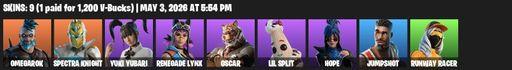 [PC/PSN] | 9 skins | 500 V-bucks | Omegarok | Spectra Knight | Yuki Yubari | Renegade Lynx | Oscar | Lil Split | Hope | Jumpshot | Runway Racer | Full Access
